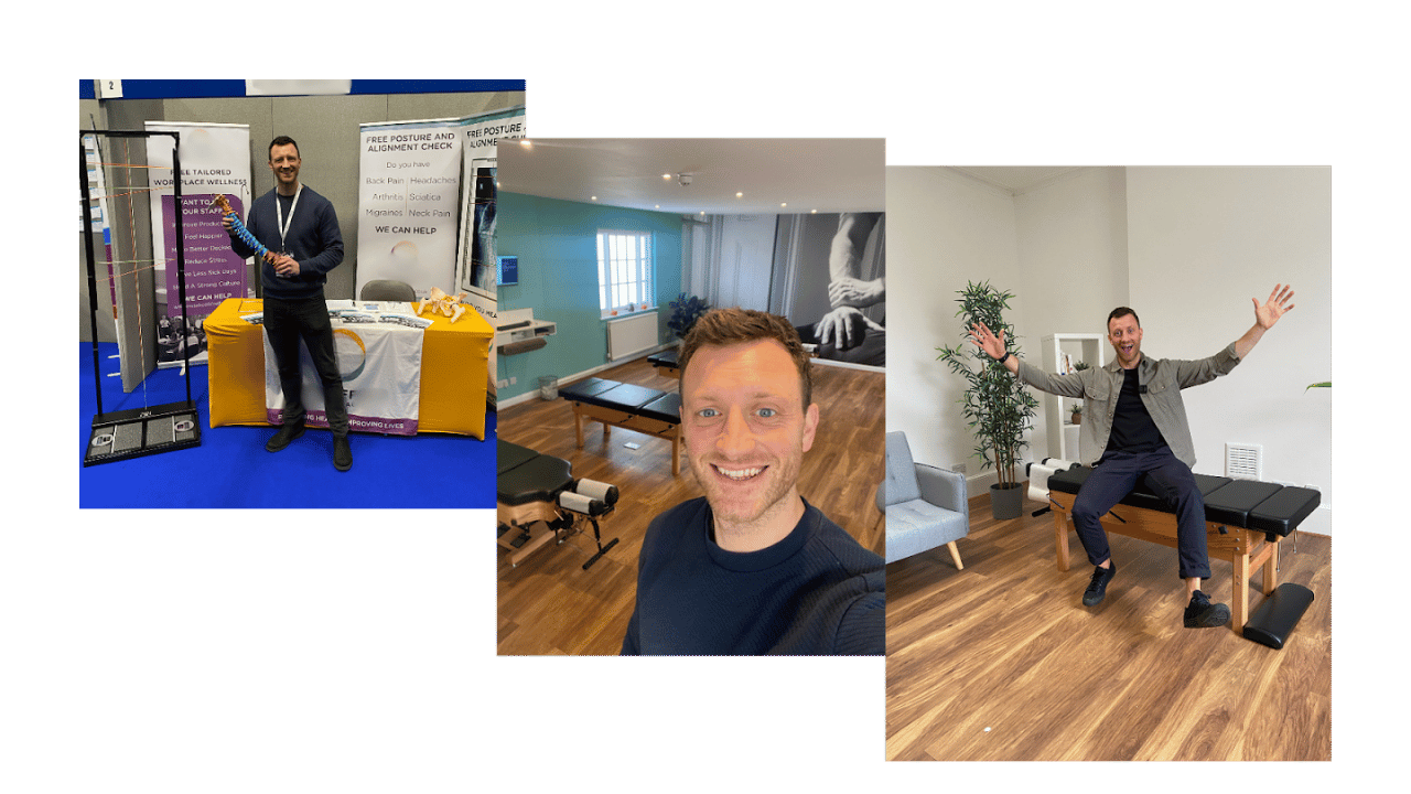 Elliot at a health expo, inside a clinic, and in a treatment room.