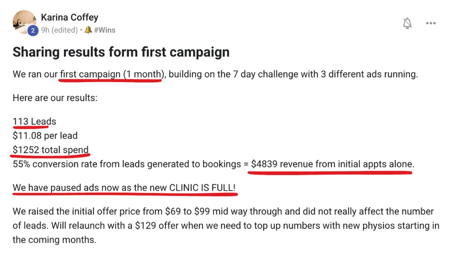 Karina: '113 leads, $11.08 per lead, $1,252 total spend, 55% conversion to bookings. We've paused ads now as the new clinic is FULL.'